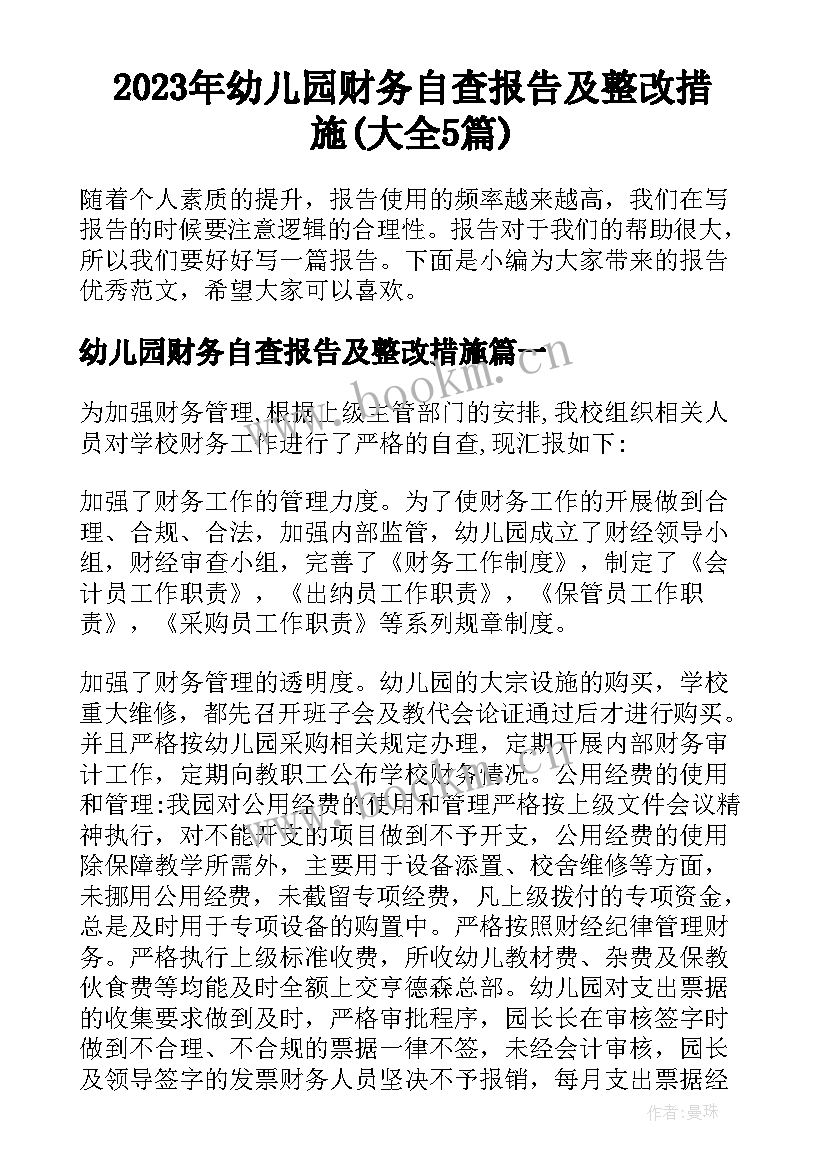 2023年幼儿园财务自查报告及整改措施(大全5篇)