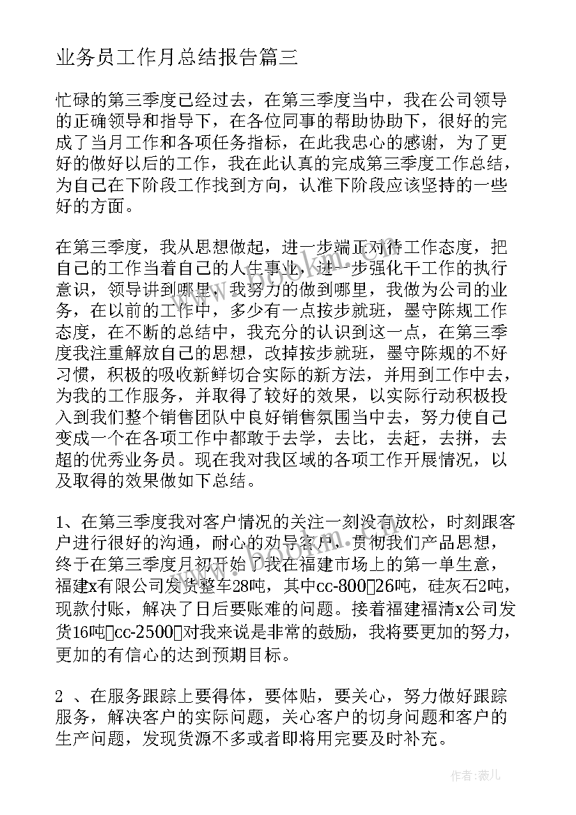 最新业务员工作月总结报告(优秀8篇)