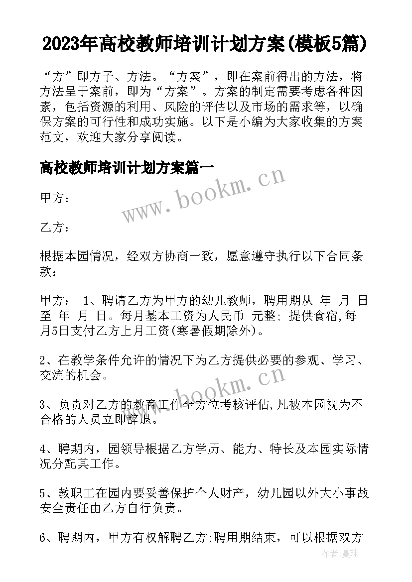 2023年高校教师培训计划方案(模板5篇)