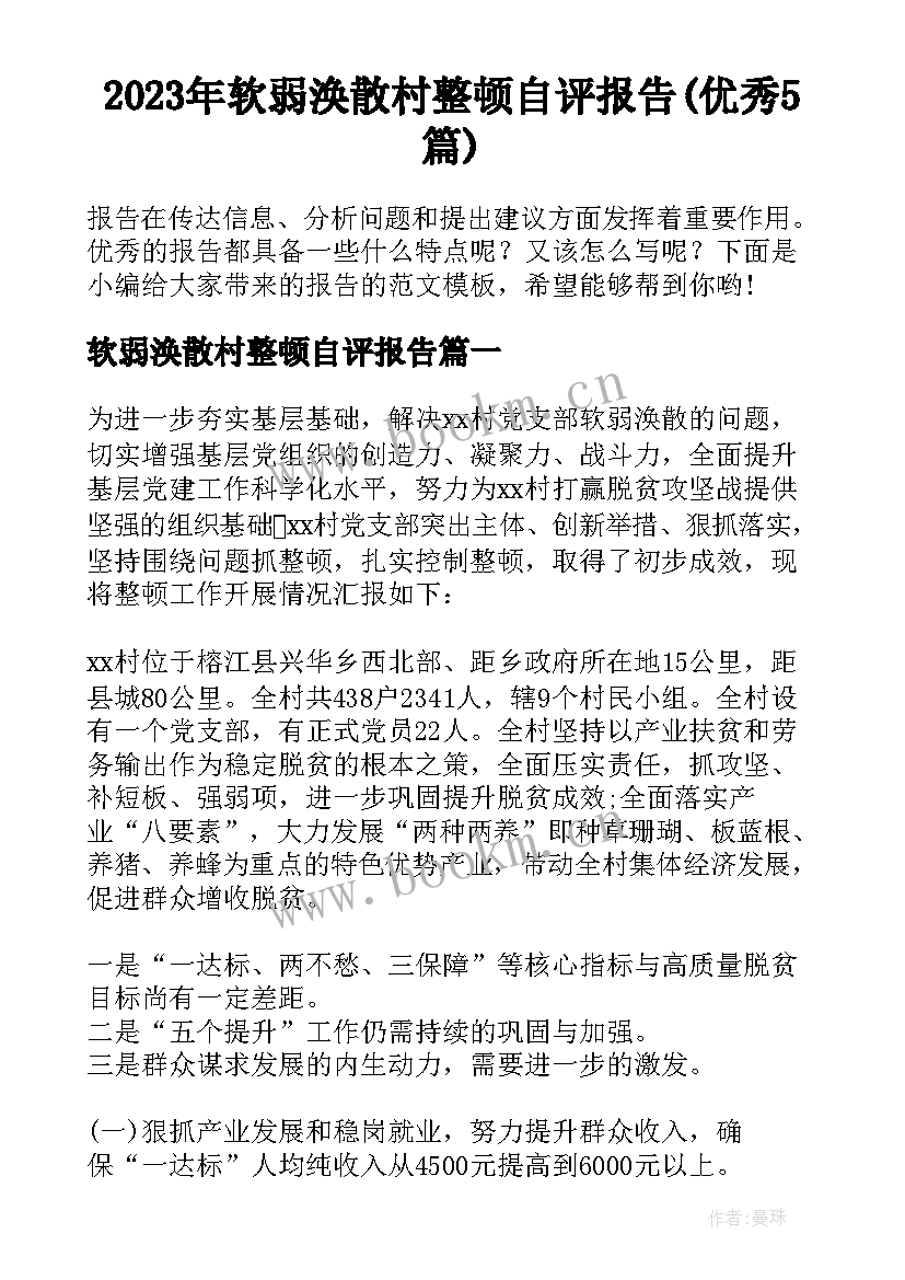 2023年软弱涣散村整顿自评报告(优秀5篇)