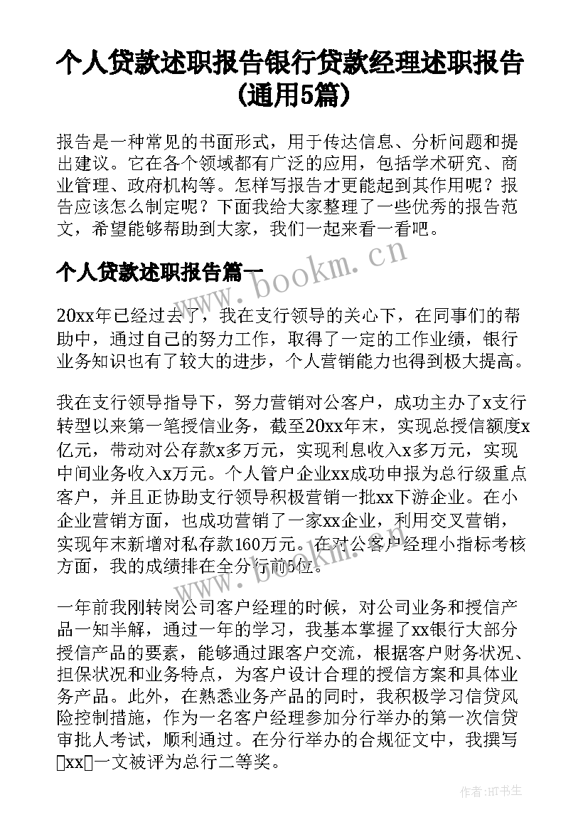 个人贷款述职报告 银行贷款经理述职报告(通用5篇)