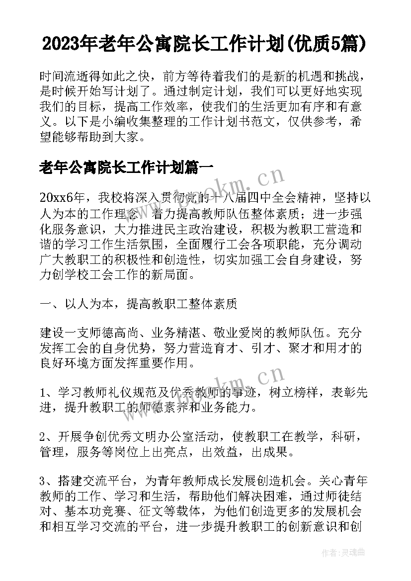 2023年老年公寓院长工作计划(优质5篇)