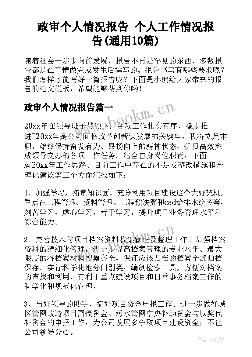 政审个人情况报告 个人工作情况报告(通用10篇)