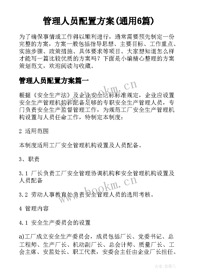 管理人员配置方案(通用6篇)