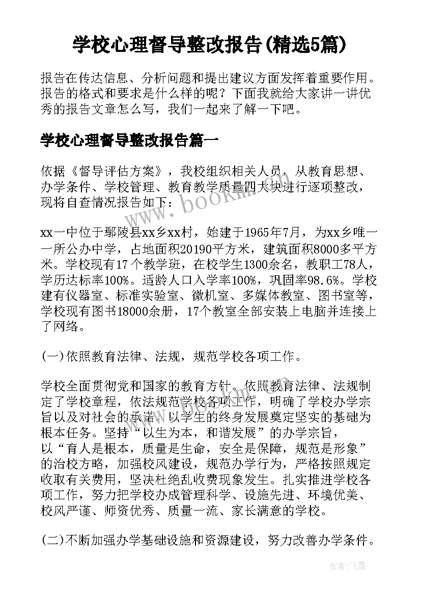 学校心理督导整改报告(精选5篇)