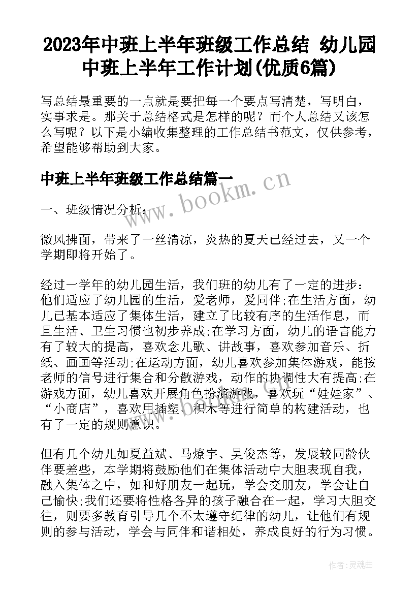 2023年中班上半年班级工作总结 幼儿园中班上半年工作计划(优质6篇)