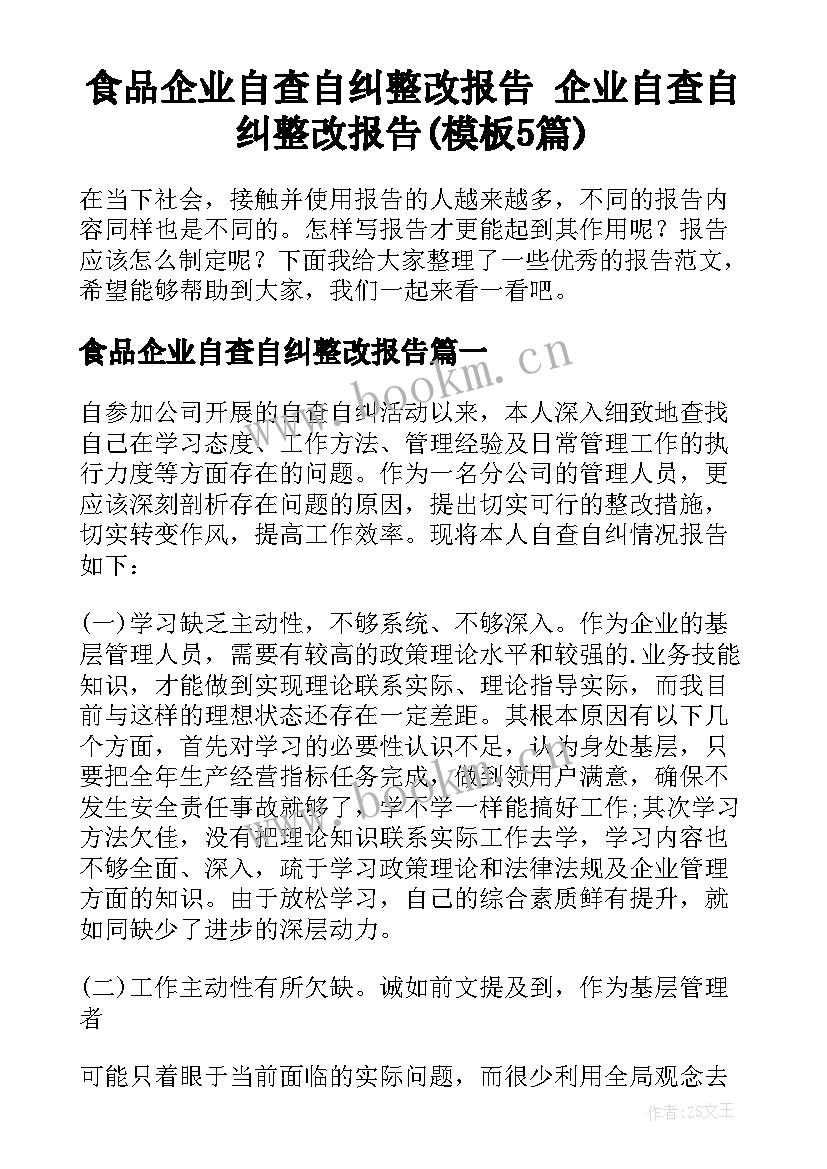 食品企业自查自纠整改报告 企业自查自纠整改报告(模板5篇)