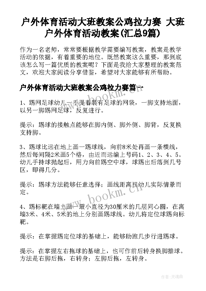 户外体育活动大班教案公鸡拉力赛 大班户外体育活动教案(汇总9篇)