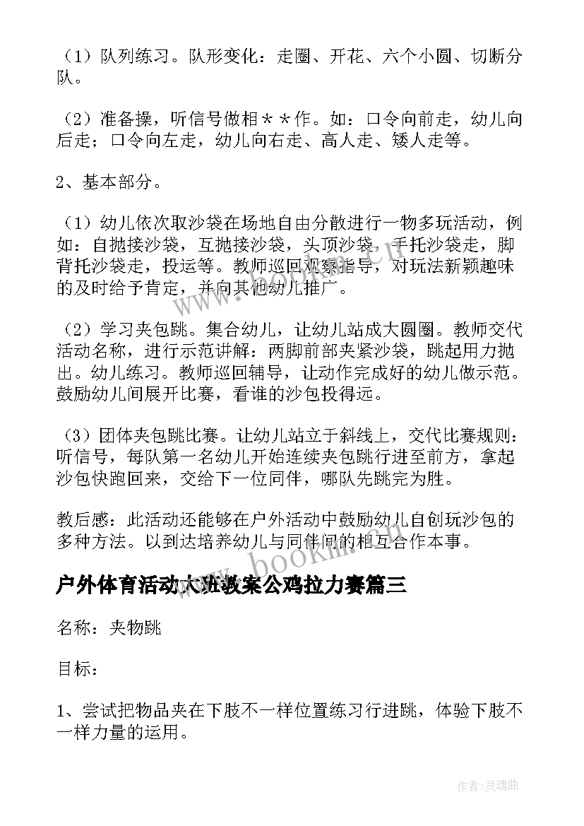 户外体育活动大班教案公鸡拉力赛 大班户外体育活动教案(汇总9篇)