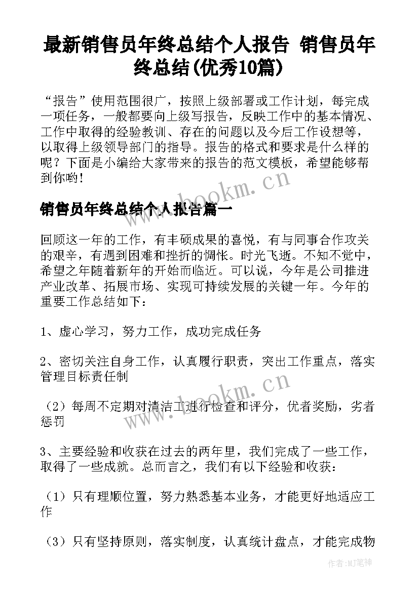 最新销售员年终总结个人报告 销售员年终总结(优秀10篇)