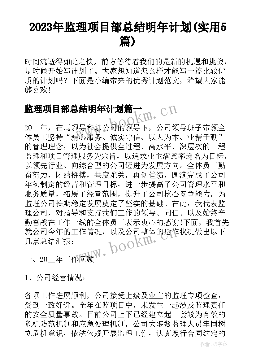 2023年监理项目部总结明年计划(实用5篇)