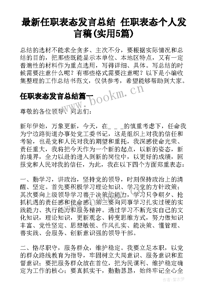 最新任职表态发言总结 任职表态个人发言稿(实用5篇)