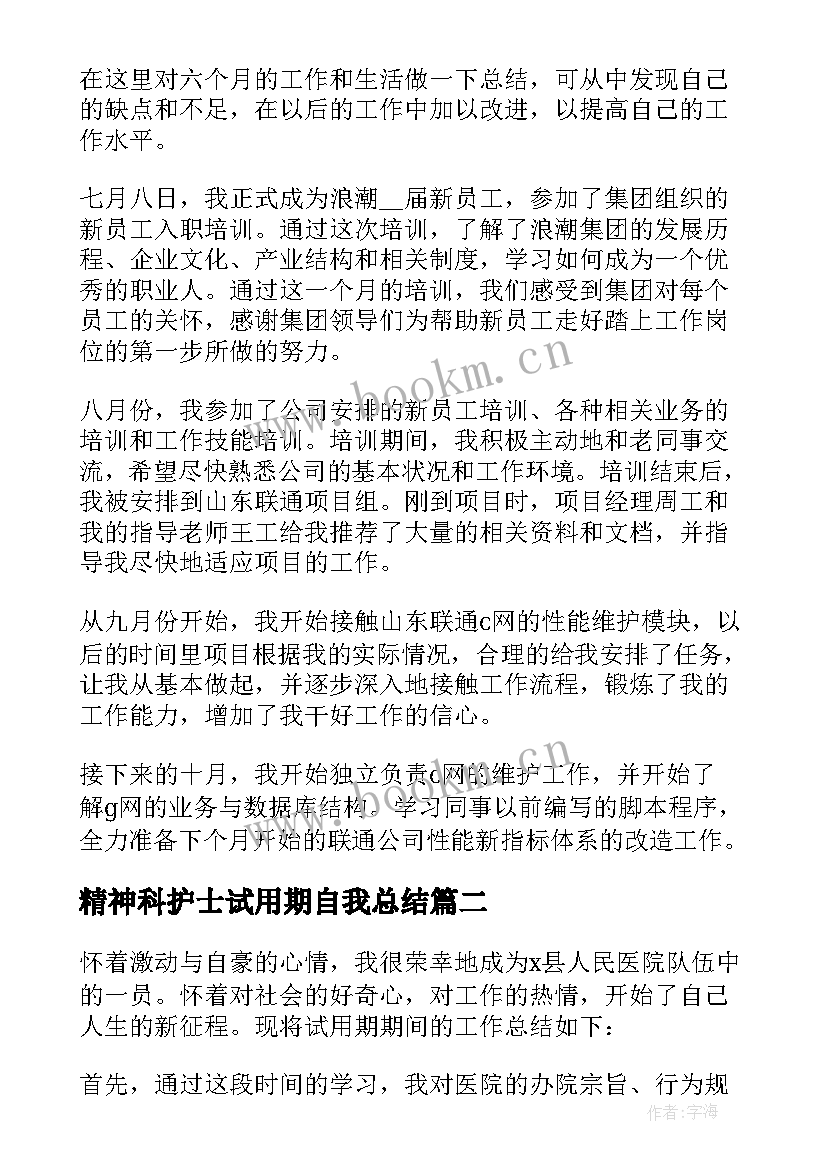 最新精神科护士试用期自我总结(通用9篇)