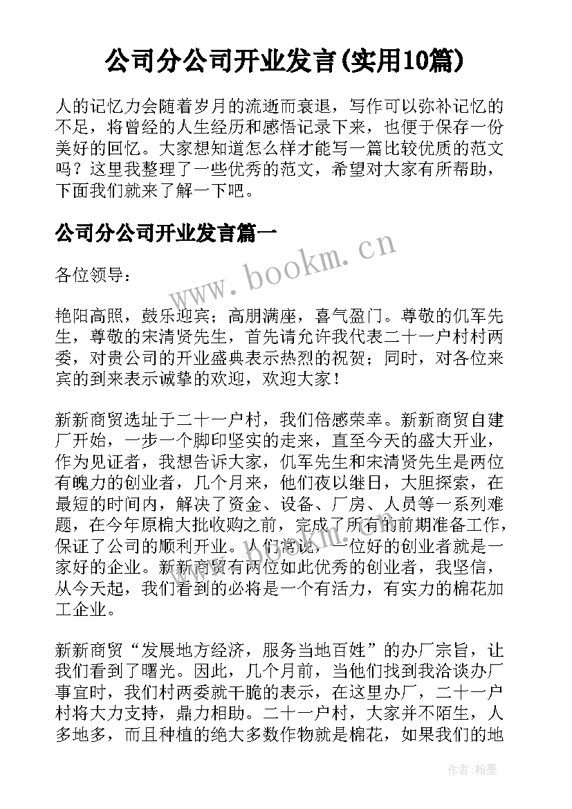 公司分公司开业发言(实用10篇)