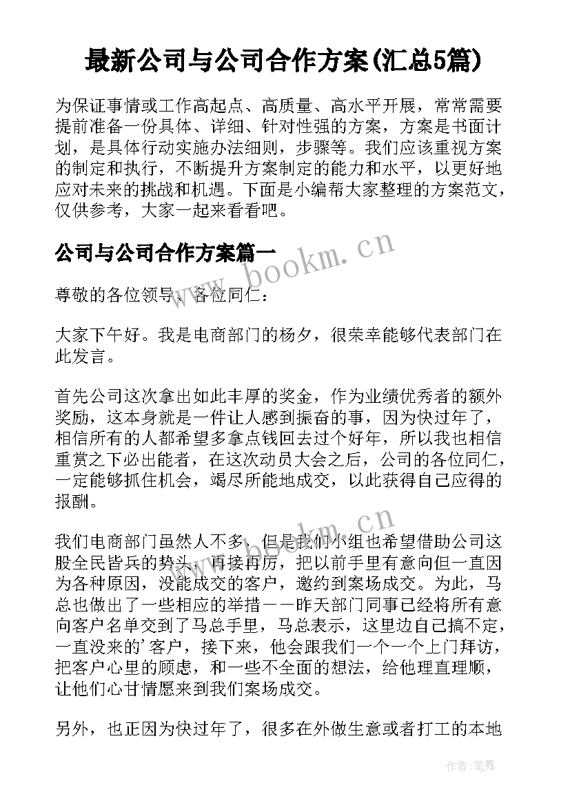 最新公司与公司合作方案(汇总5篇)