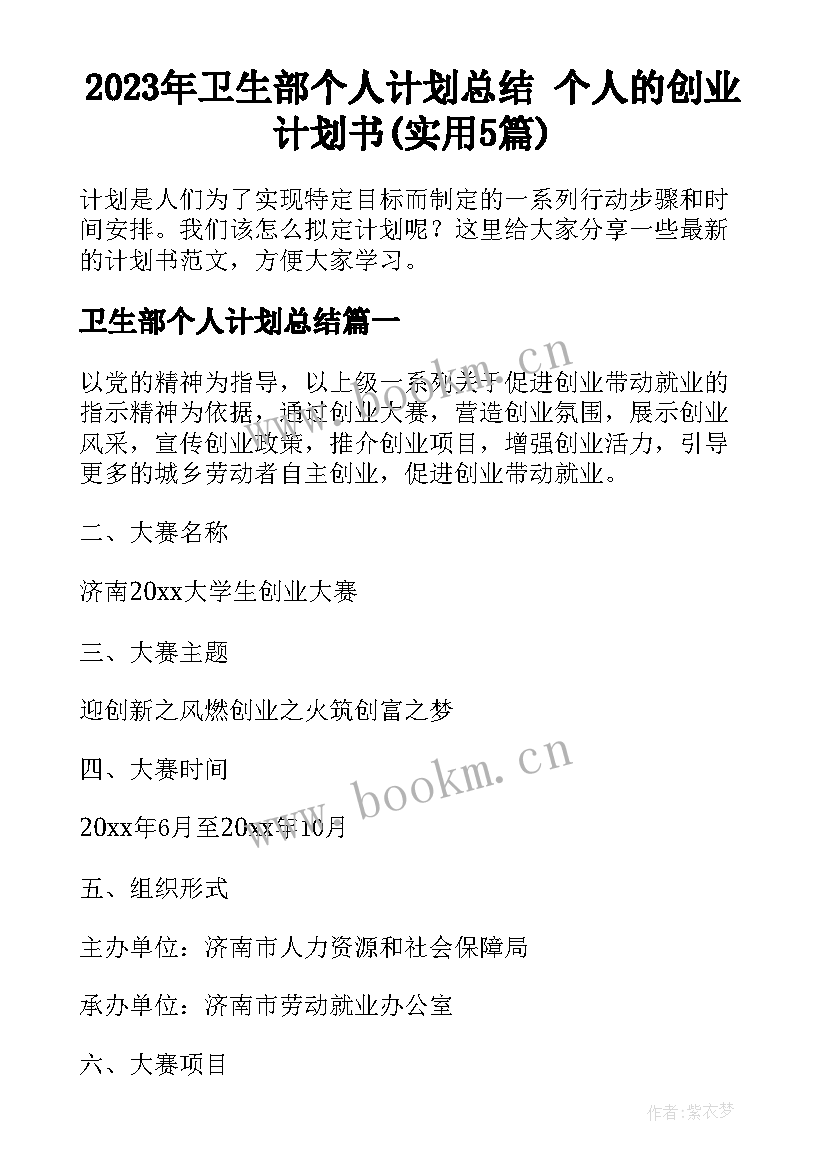 2023年卫生部个人计划总结 个人的创业计划书(实用5篇)