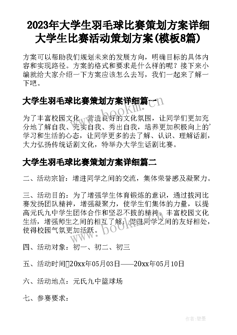 2023年大学生羽毛球比赛策划方案详细 大学生比赛活动策划方案(模板8篇)