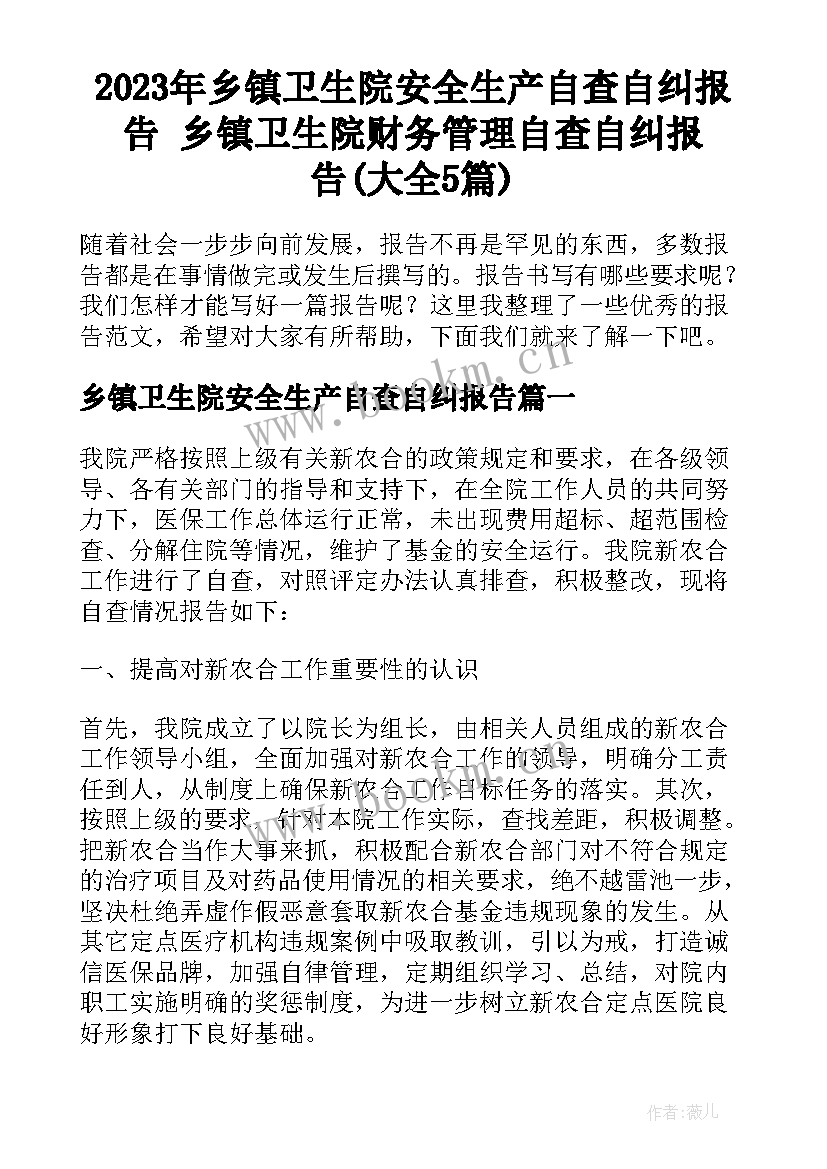 2023年乡镇卫生院安全生产自查自纠报告 乡镇卫生院财务管理自查自纠报告(大全5篇)