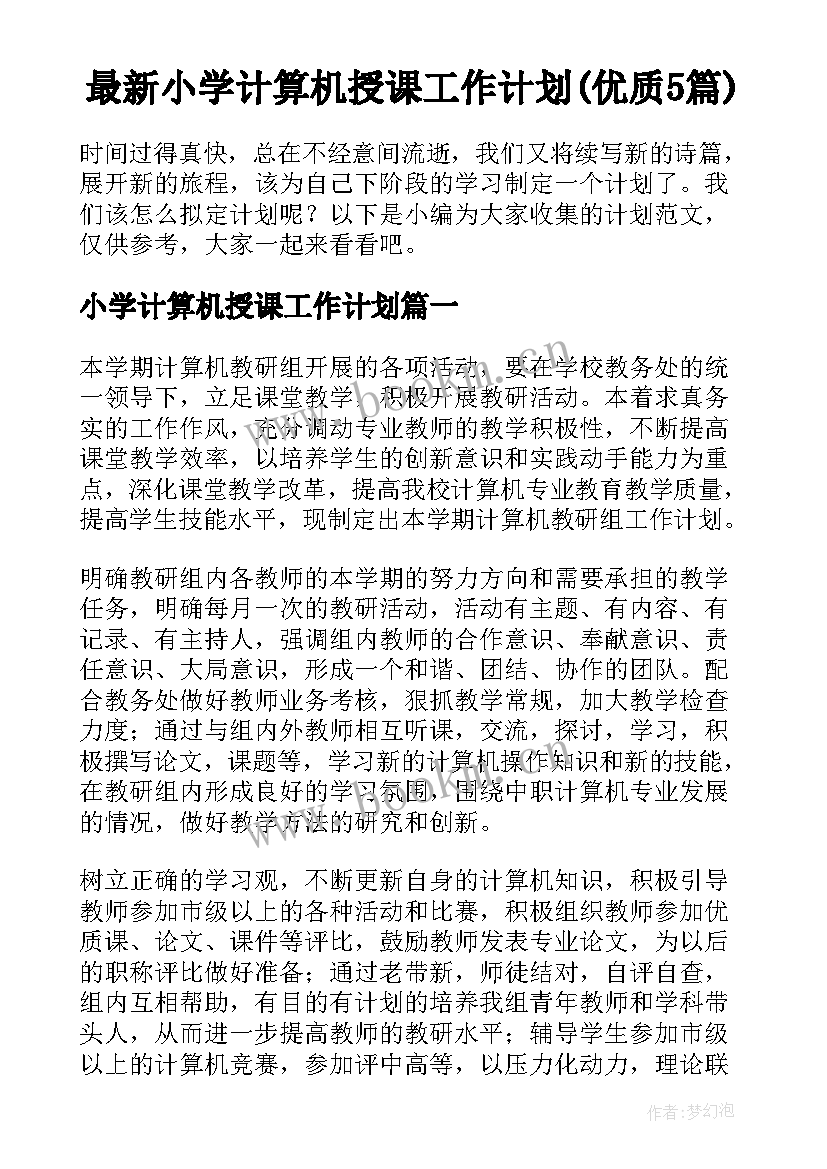 最新小学计算机授课工作计划(优质5篇)