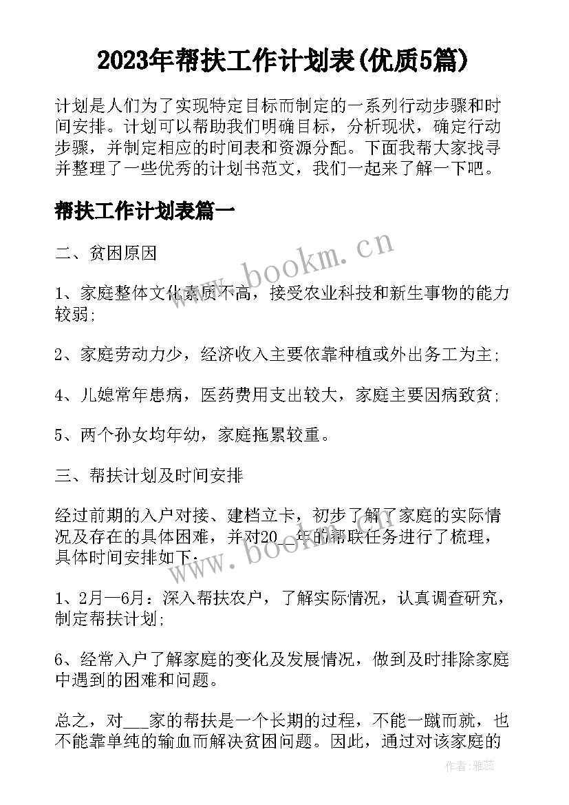 2023年帮扶工作计划表(优质5篇)