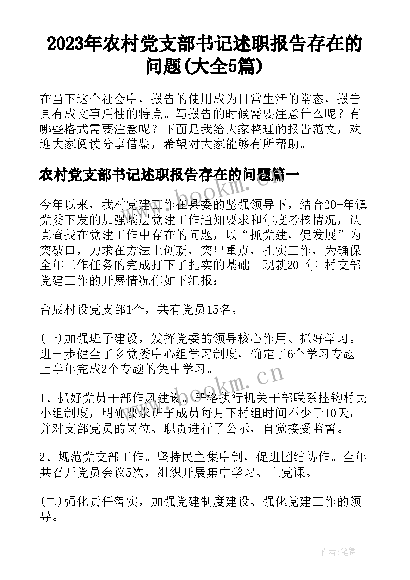 2023年农村党支部书记述职报告存在的问题(大全5篇)