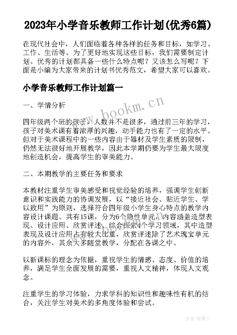 2023年小学音乐教师工作计划(优秀6篇)