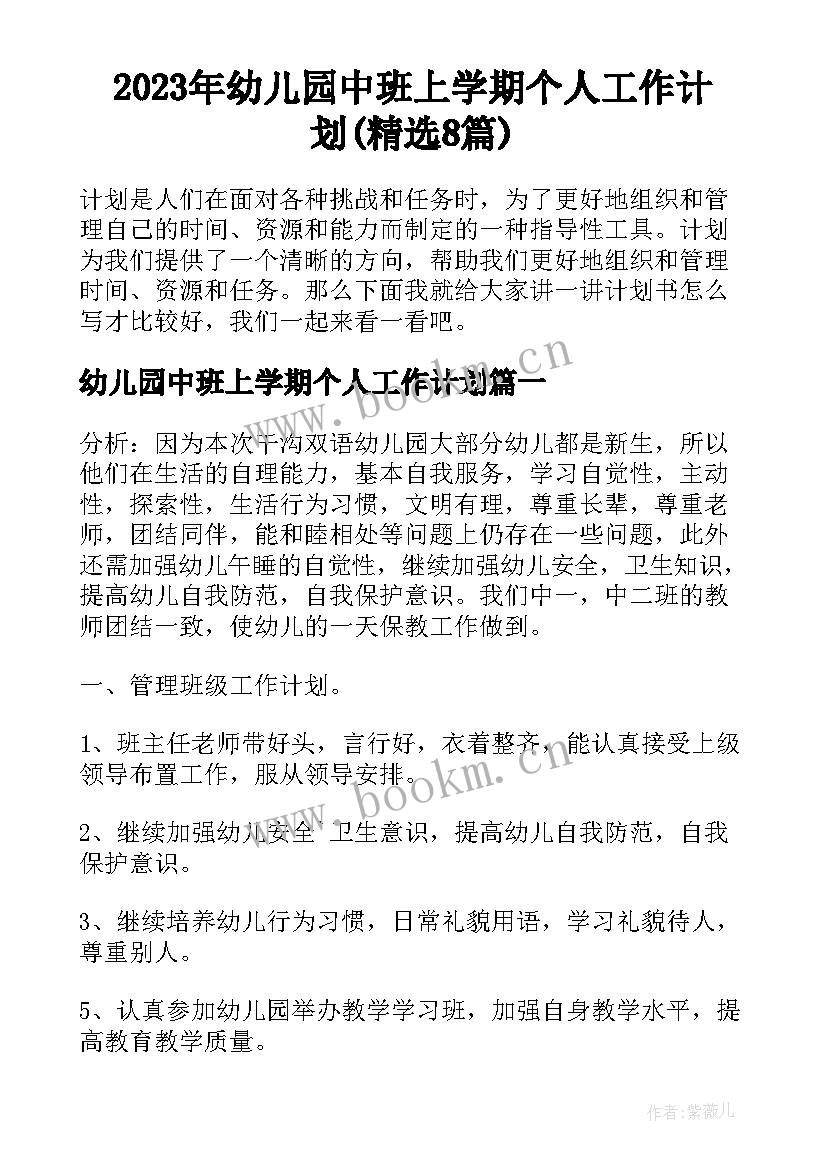 2023年幼儿园中班上学期个人工作计划(精选8篇)