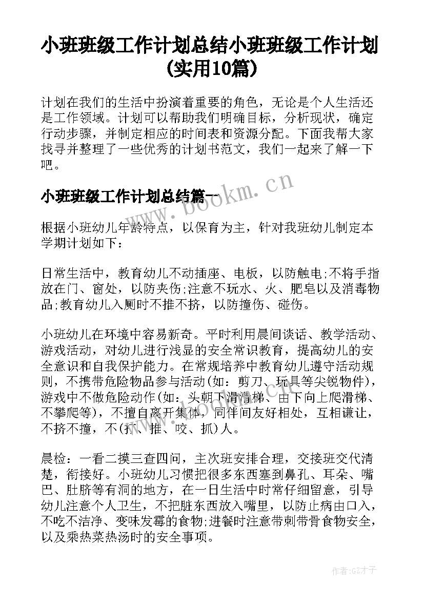 小班班级工作计划总结 小班班级工作计划(实用10篇)