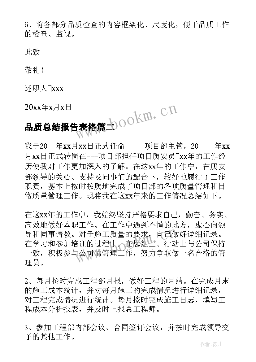 品质总结报告表格 荐品质个人工作总结报告(实用5篇)