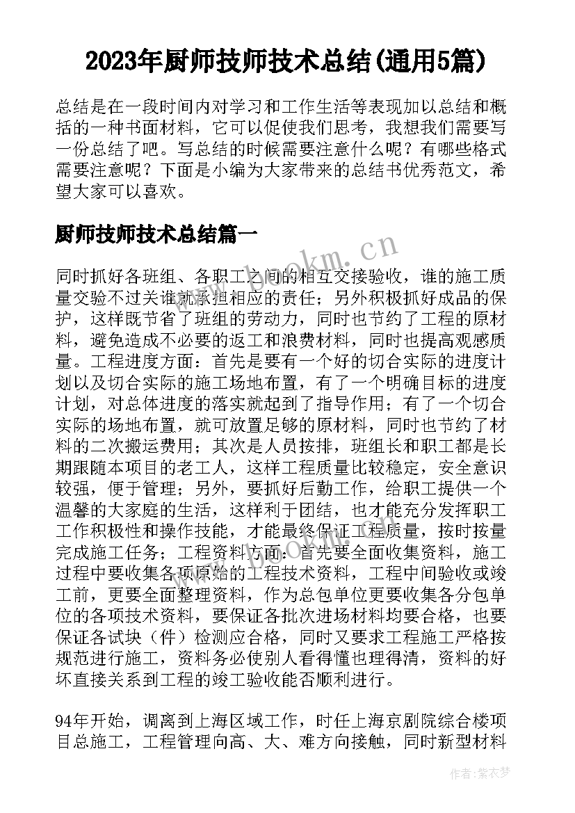 2023年厨师技师技术总结(通用5篇)