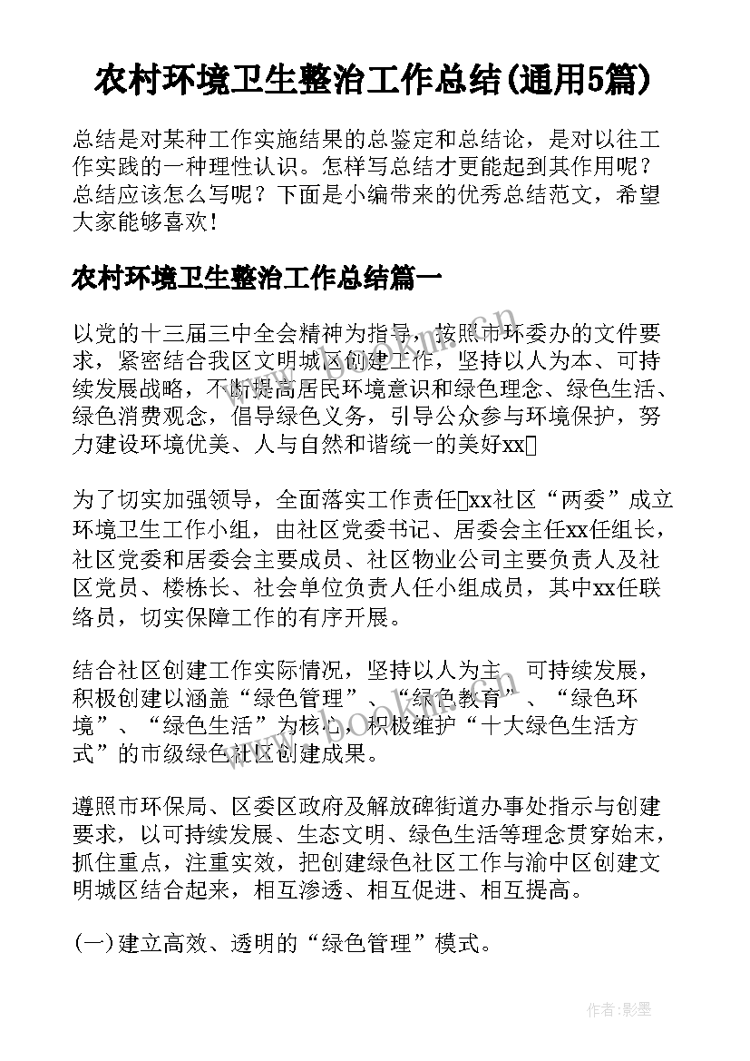 农村环境卫生整治工作总结(通用5篇)