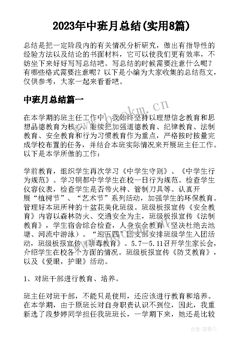 2023年中班月总结(实用8篇)