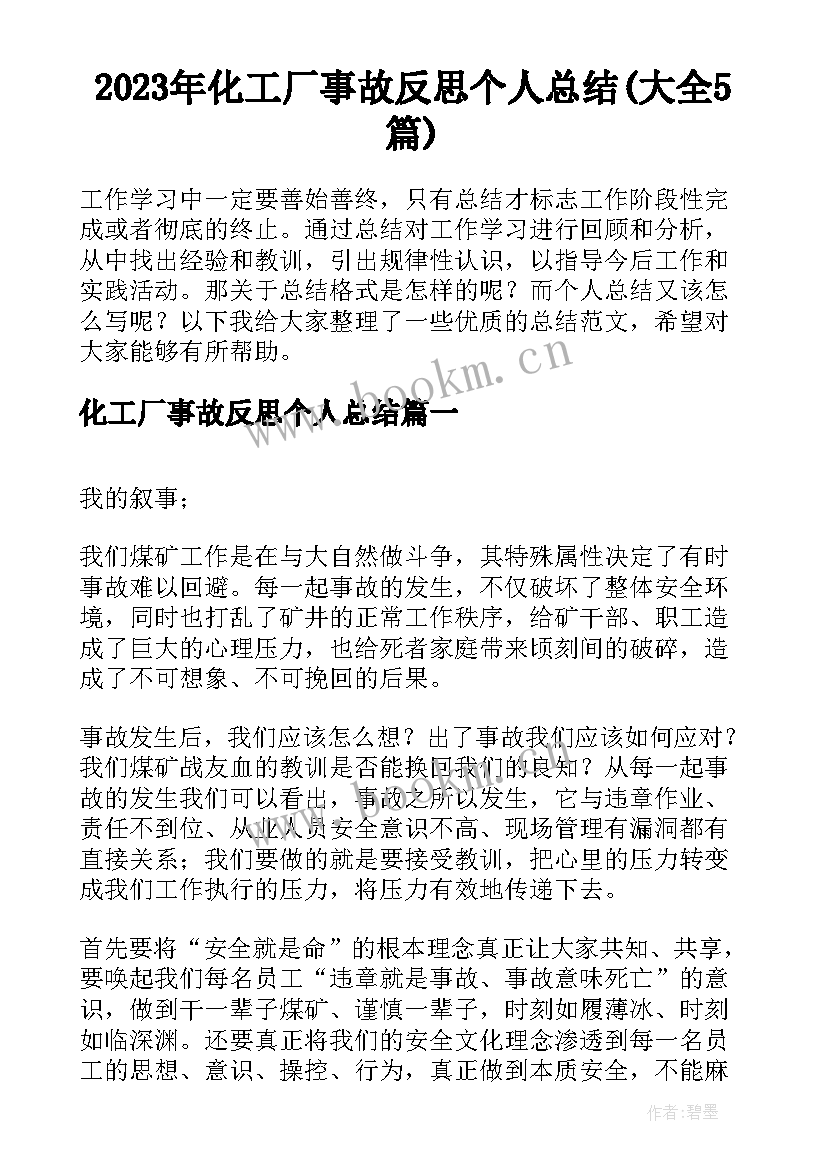 2023年化工厂事故反思个人总结(大全5篇)