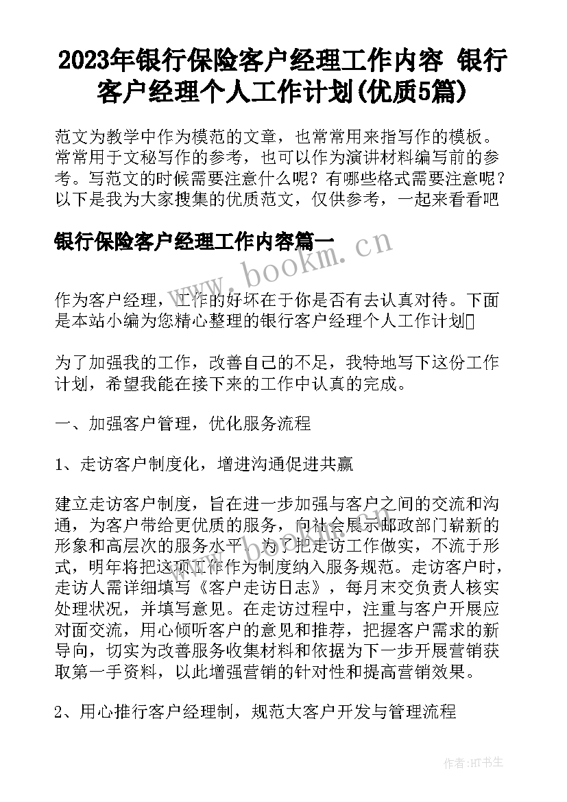 2023年银行保险客户经理工作内容 银行客户经理个人工作计划(优质5篇)