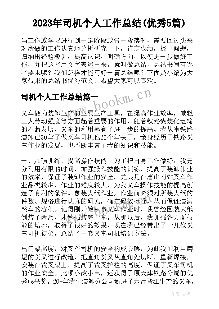 2023年司机个人工作总结(优秀5篇)