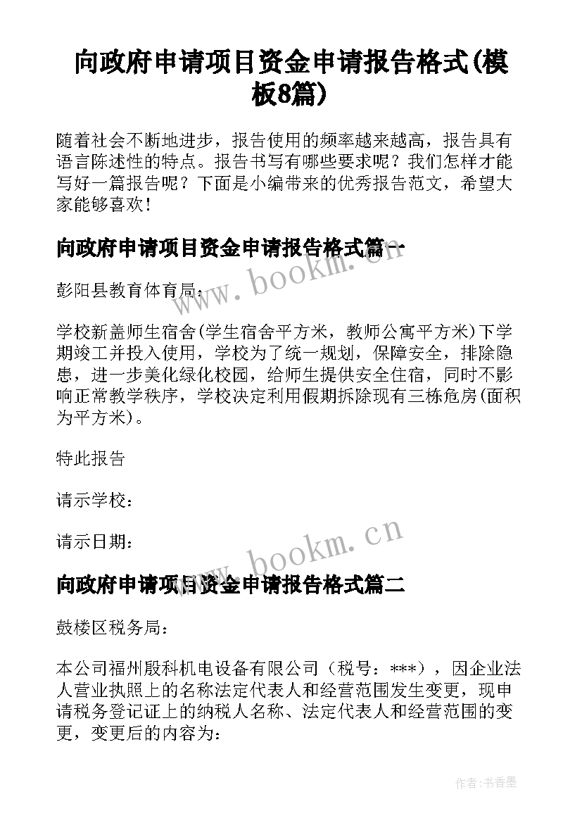 向政府申请项目资金申请报告格式(模板8篇)