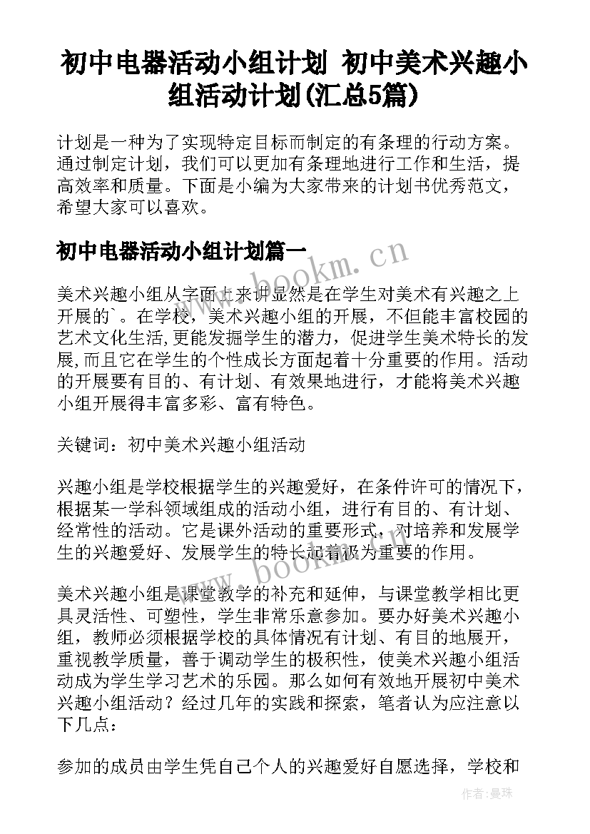 初中电器活动小组计划 初中美术兴趣小组活动计划(汇总5篇)