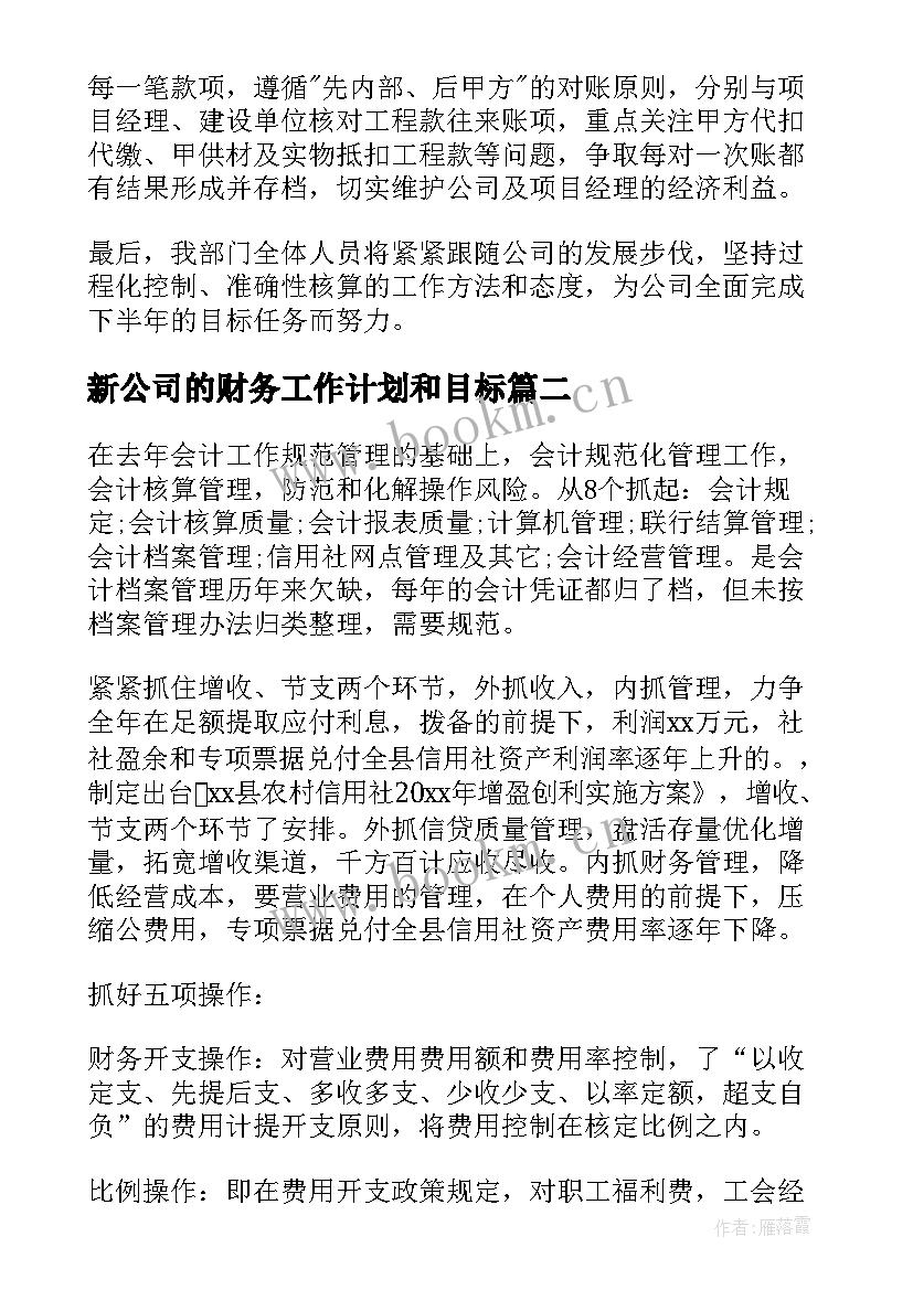 最新新公司的财务工作计划和目标(精选10篇)