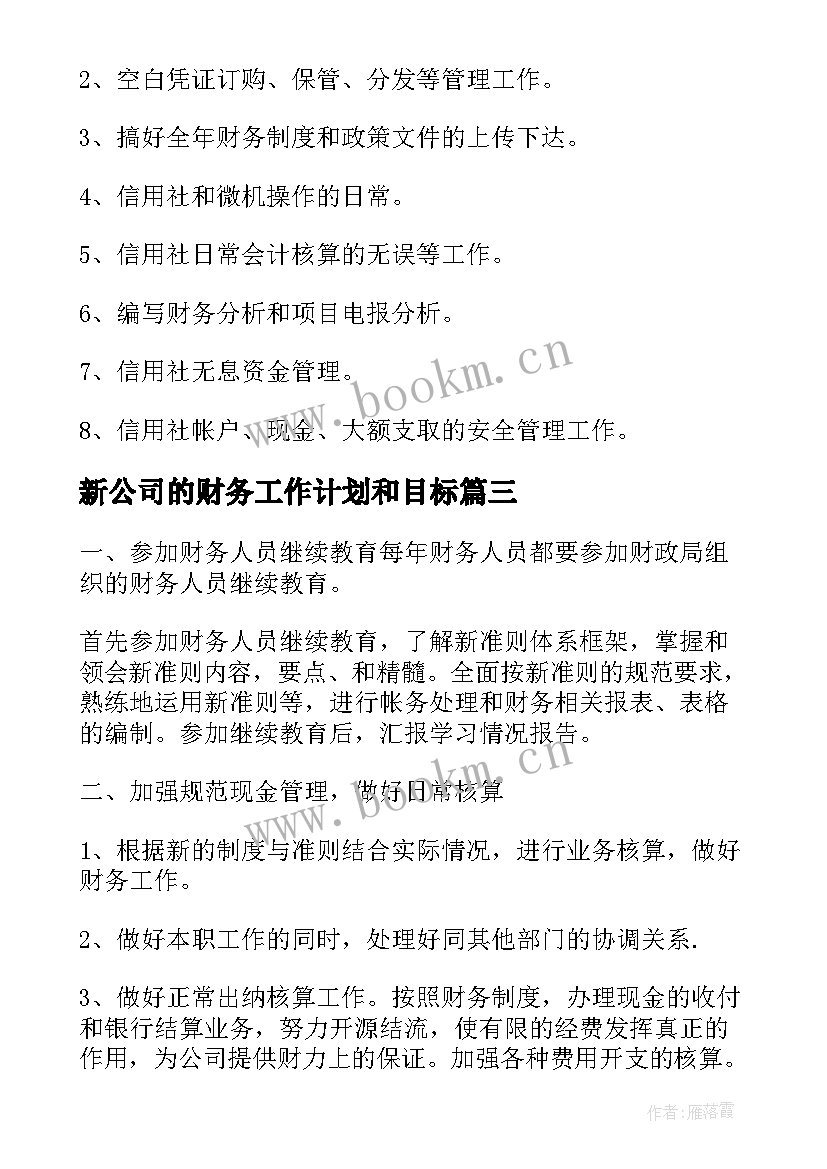 最新新公司的财务工作计划和目标(精选10篇)