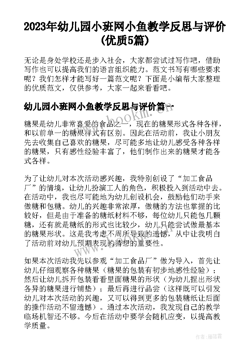 2023年幼儿园小班网小鱼教学反思与评价(优质5篇)