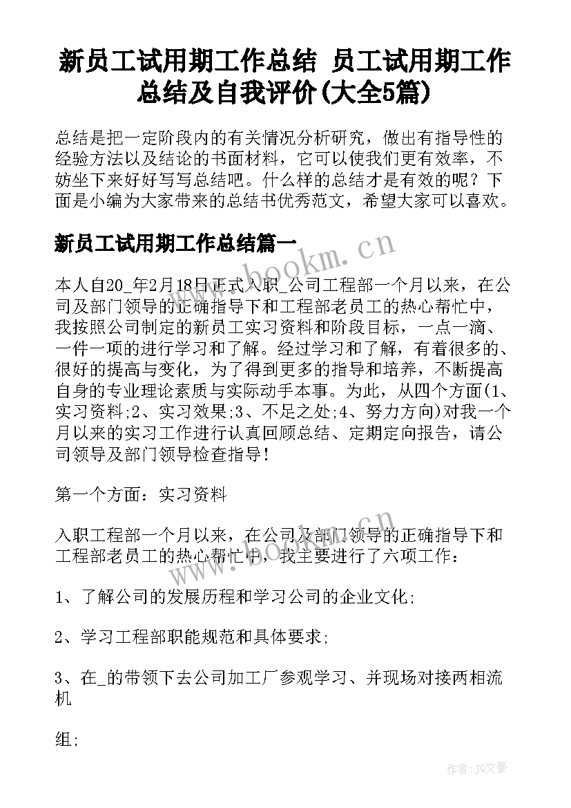 新员工试用期工作总结 员工试用期工作总结及自我评价(大全5篇)