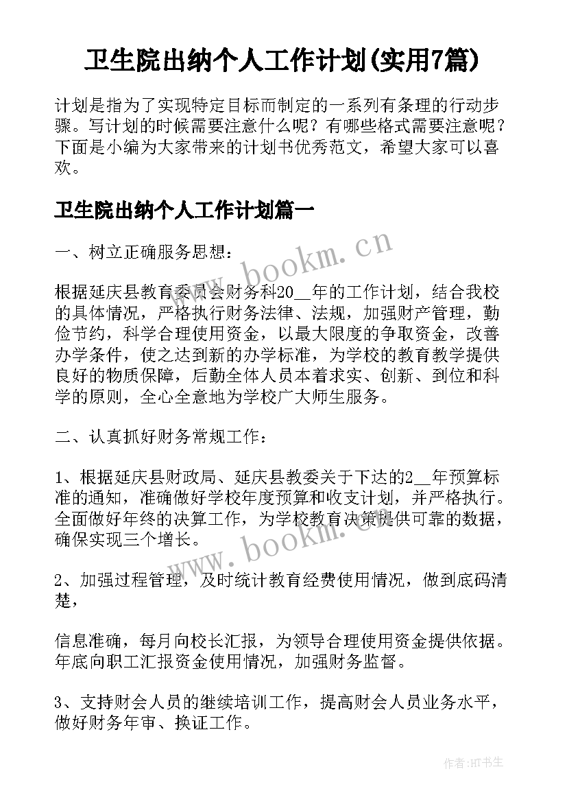 卫生院出纳个人工作计划(实用7篇)