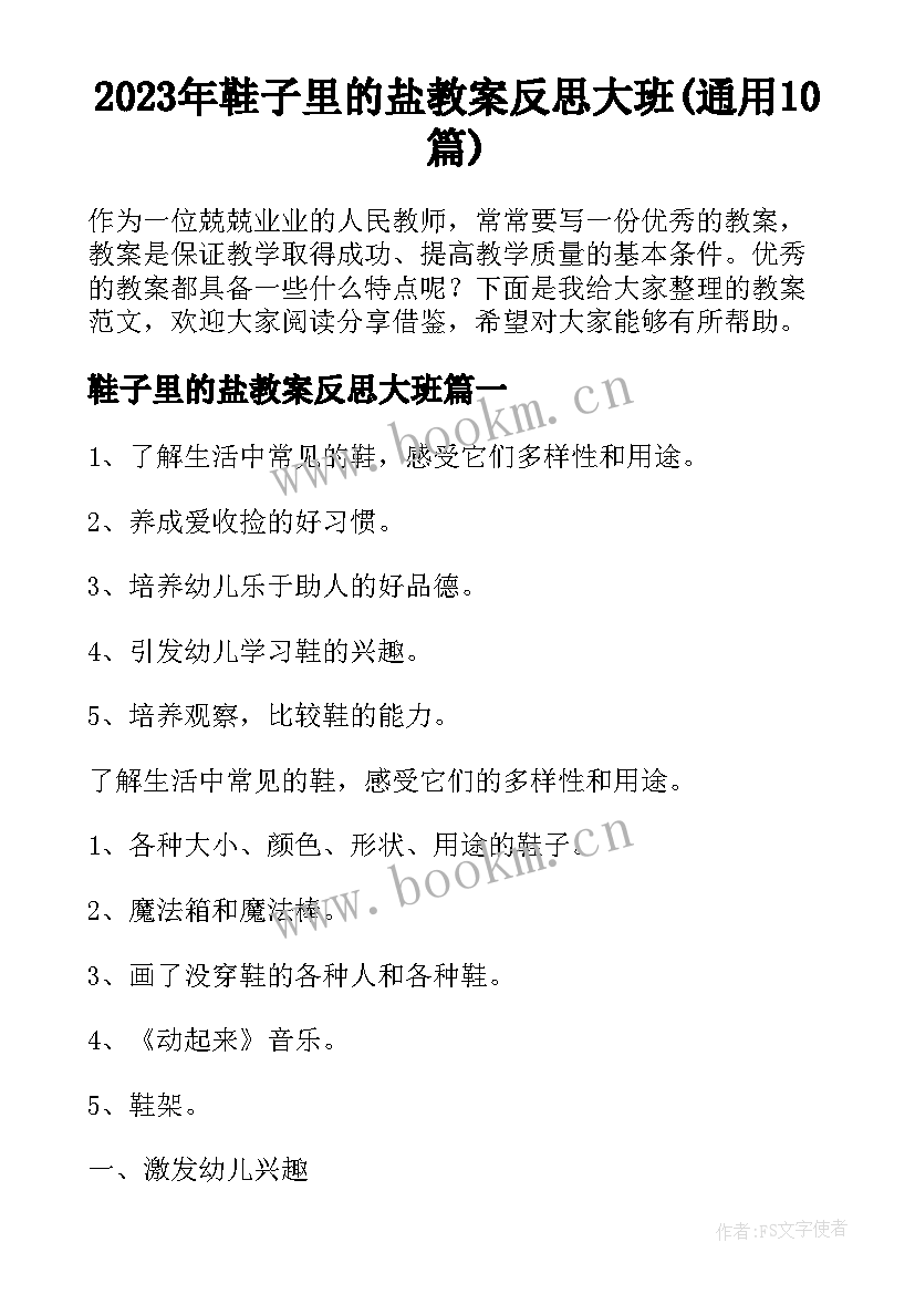 2023年鞋子里的盐教案反思大班(通用10篇)