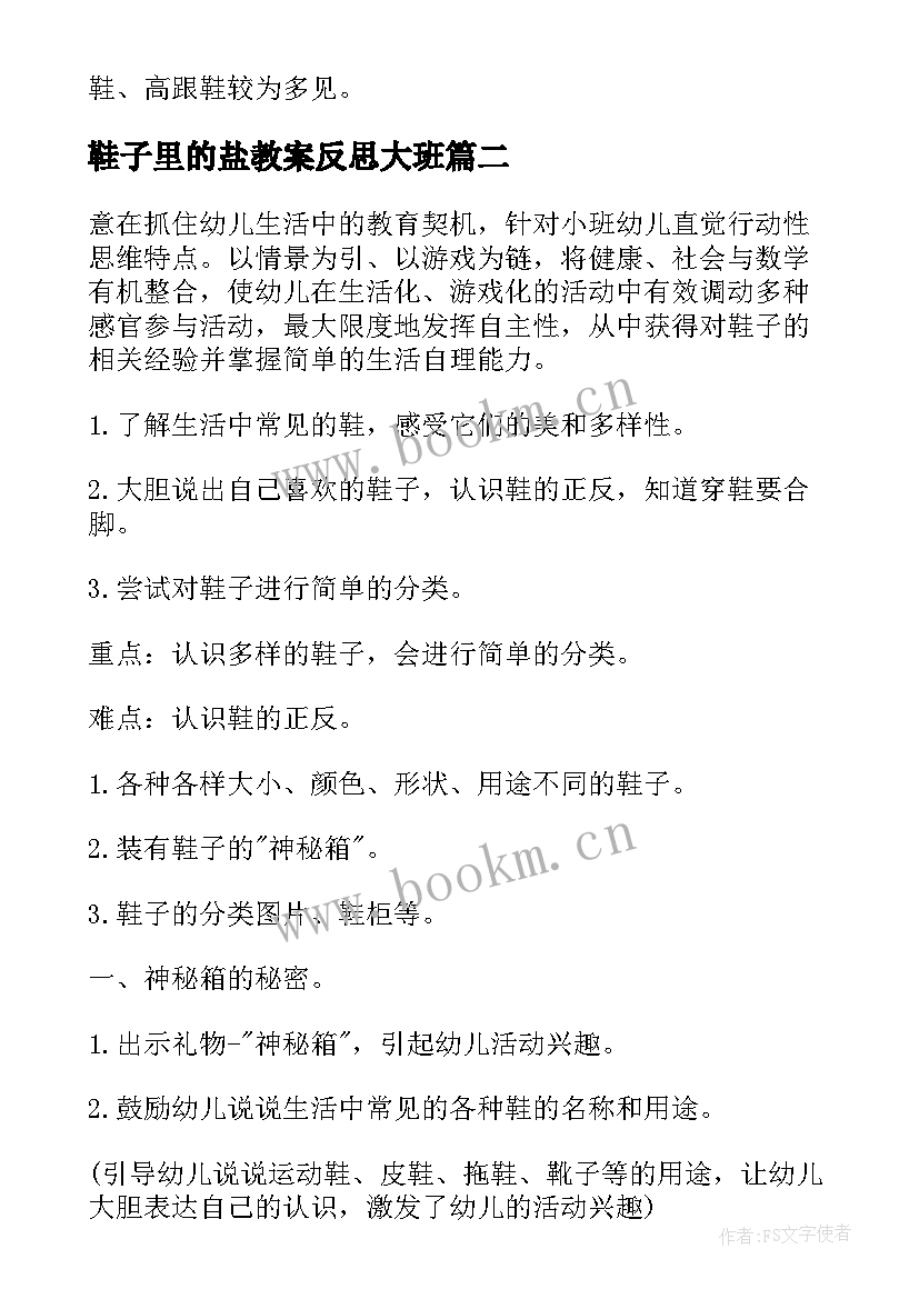 2023年鞋子里的盐教案反思大班(通用10篇)