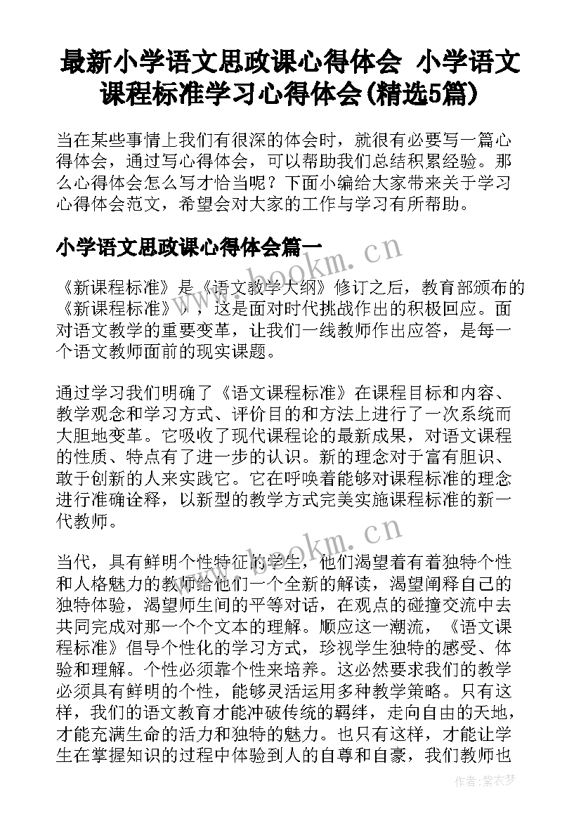 最新小学语文思政课心得体会 小学语文课程标准学习心得体会(精选5篇)