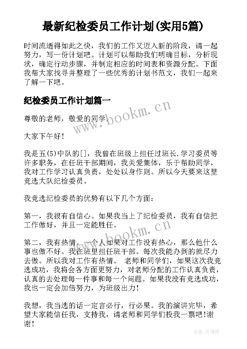 最新纪检委员工作计划(实用5篇)