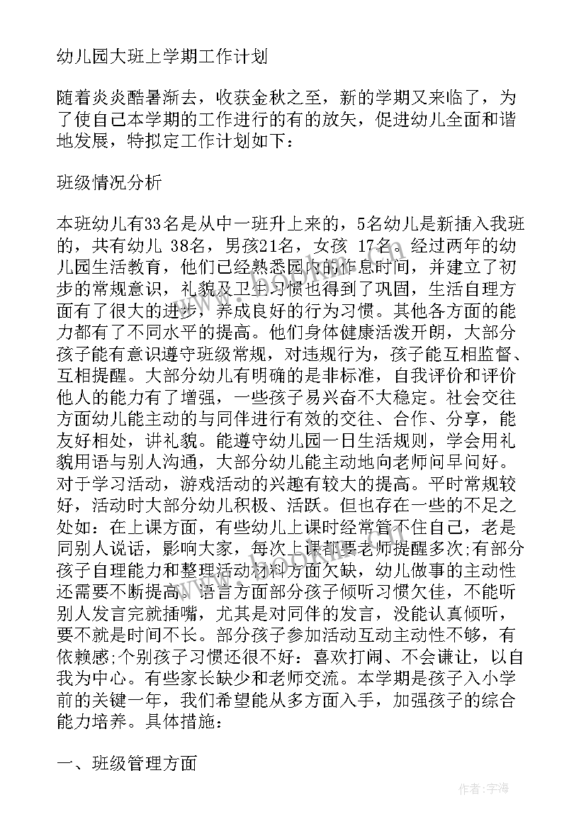 最新幼儿园上学期大班级组工作计划 幼儿园大班下学期班级工作计划(通用7篇)