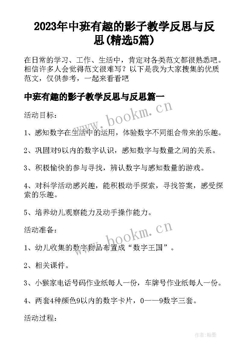 2023年中班有趣的影子教学反思与反思(精选5篇)