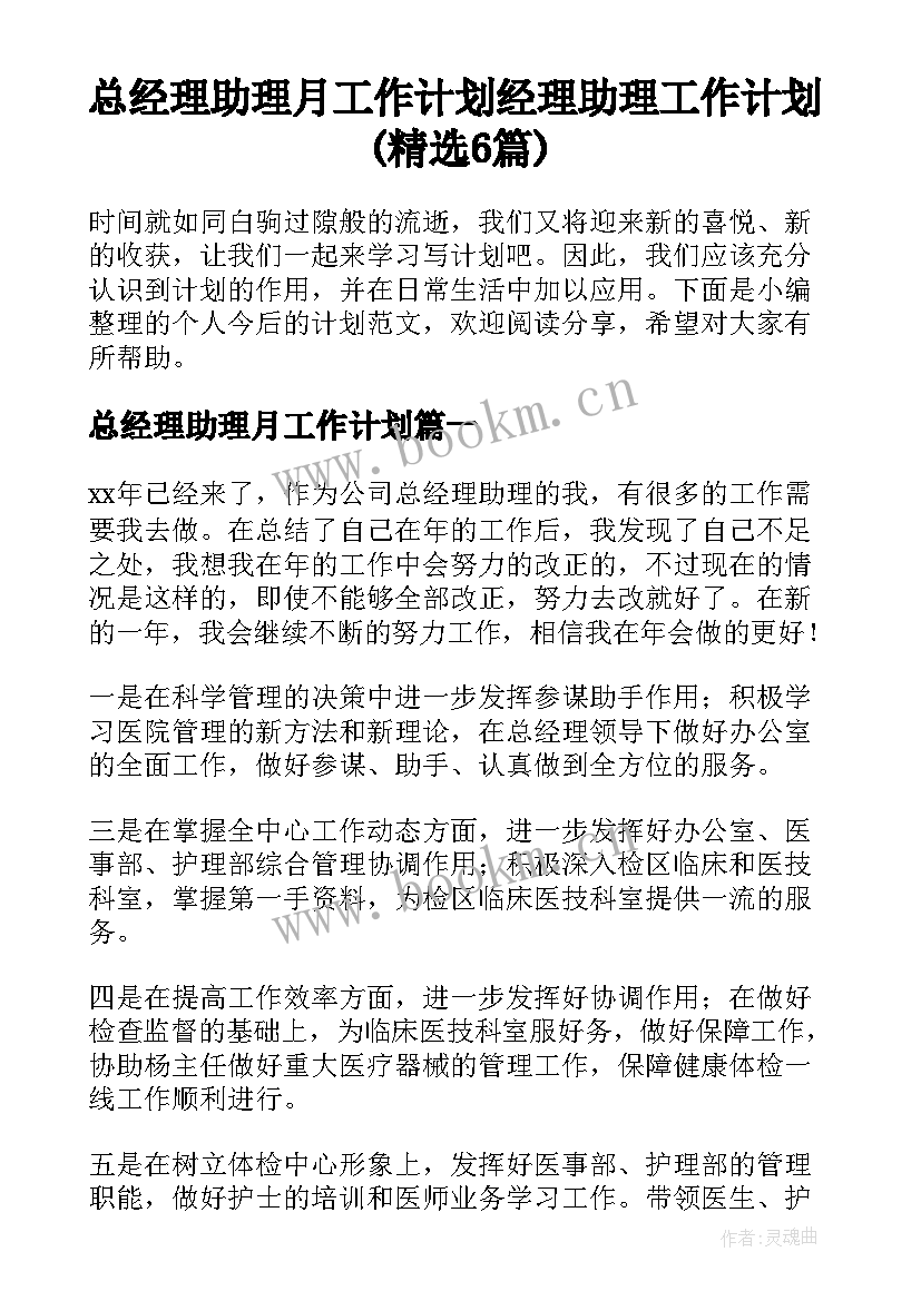 总经理助理月工作计划 经理助理工作计划(精选6篇)