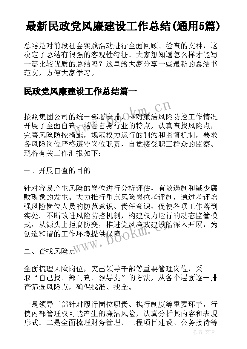 最新民政党风廉建设工作总结(通用5篇)